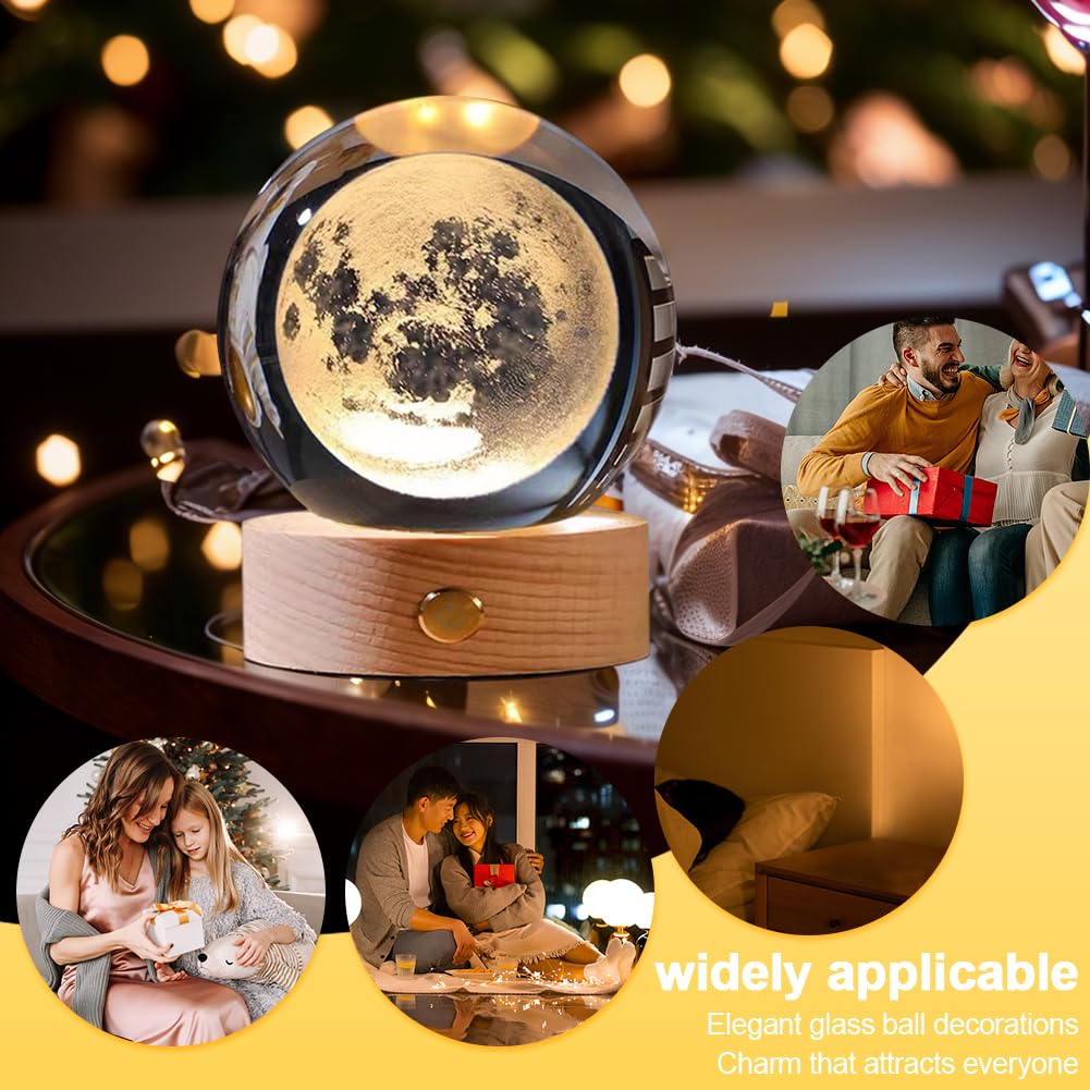 Umikk 3D kristallen bol nachtlampje 80 mm, USB 3D zonnestelsel planeten kristallen bol nachtlampje creatieve nachtscène astronomie LED bal lamp, met houten sokkel, cadeau