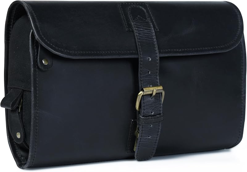 Necessaire suspensa de couro LEATHER VILLAGE para viagem, preta