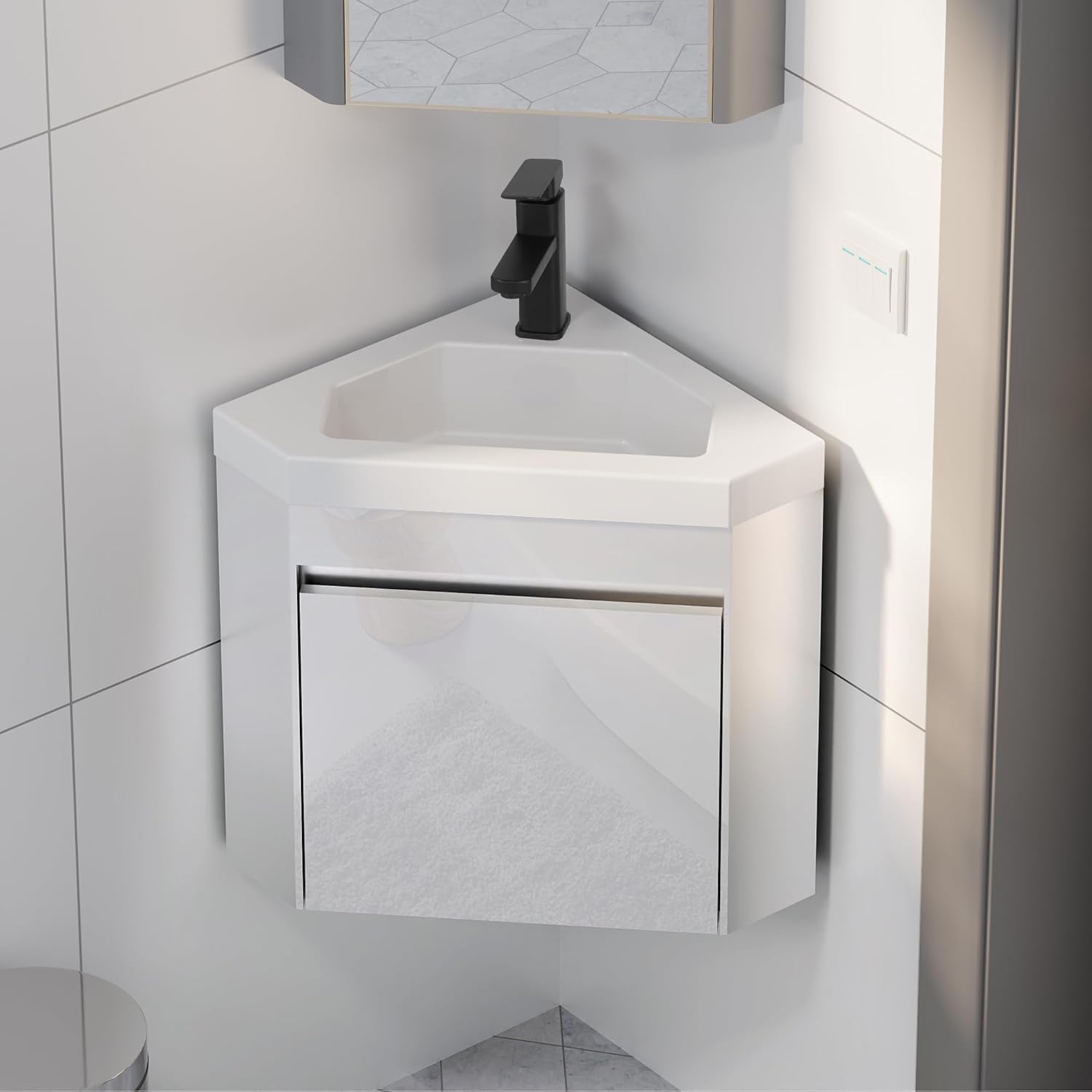 UEV Mobile Bagno Con Lavabo in Resina, Sospeso Ad Angolo 40CM, Rubinetto Nero Opaco, per Piccolo Spazio, Bianca