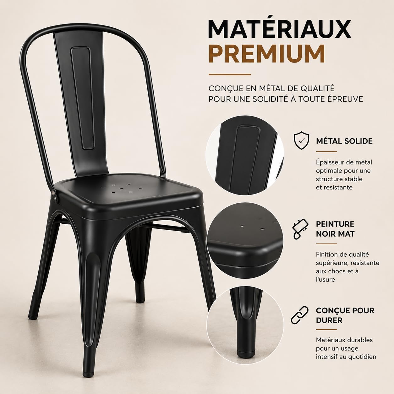 Kosmi Lot de 4 Chaises Industrielles Métal Noir Mat – Chaises de Salle à Manger Empilables – Style Loft Vintage – Cuisine, Salon, Bureau, Restaurant – Structure Acier Robuste