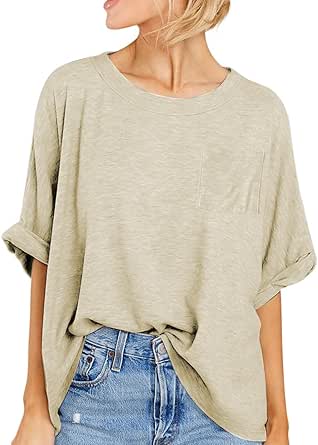 Famulily Maglietta Oversize Donna Con Tasca - Girocollo Morbida Estiva In Tessuto Fluido, Casual Basic Da Abbinare Con Jeans O Leggings