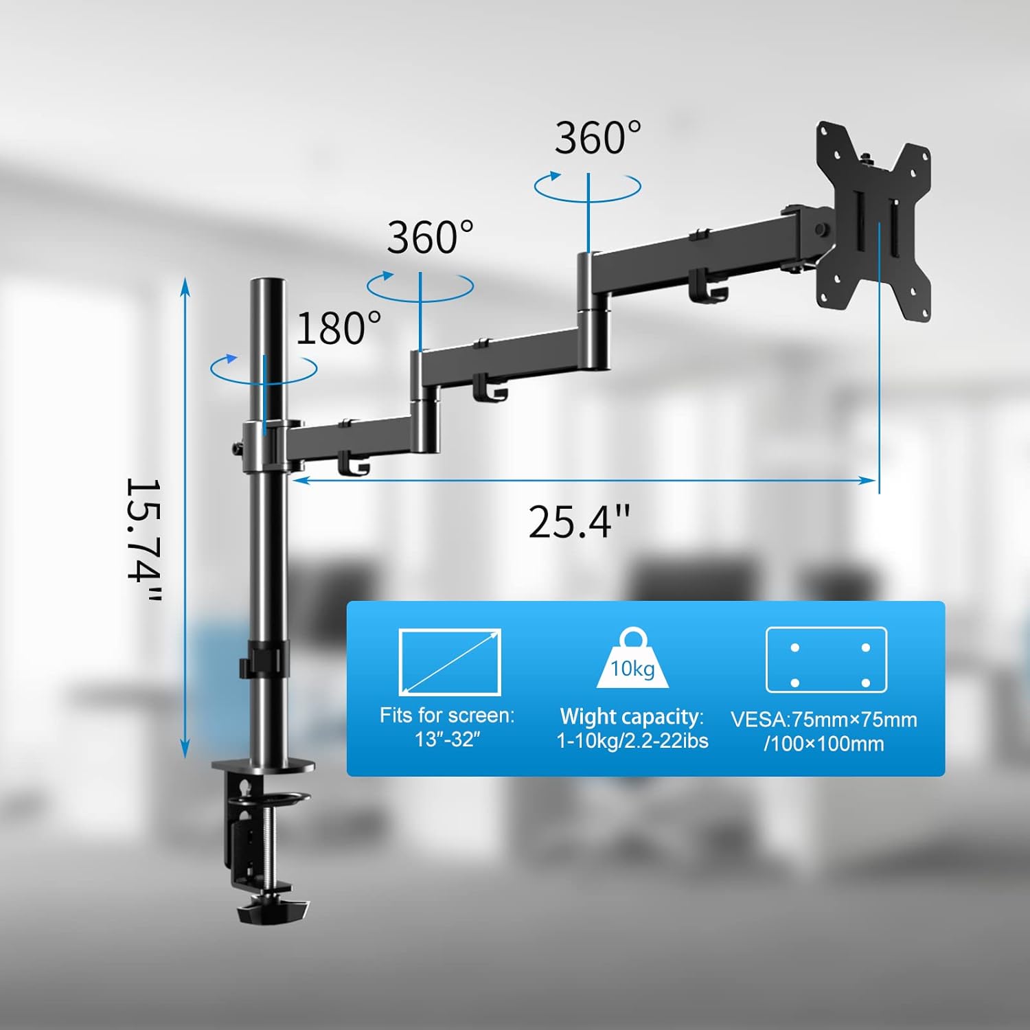 Single Long Monitor Stand, 13 to 32 inch Computer Monitor Desk Mount, Extra Long Adjustable Computer Arm, VESA Stand for 1 Screen, Max VESA 100x100, MD9431