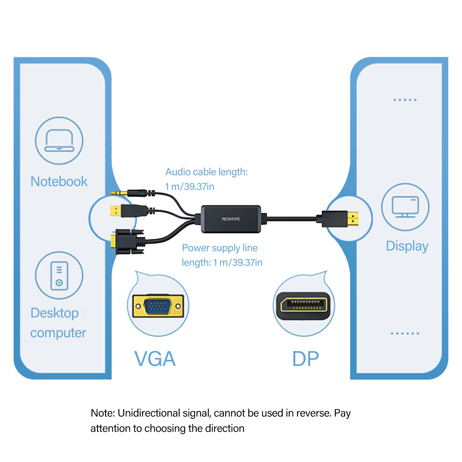 WEISUYUUS VGA to DisplayPort Adapter Cable Sound Transmission and 1080P Resolution for Piece Laptop to TVs Monitor