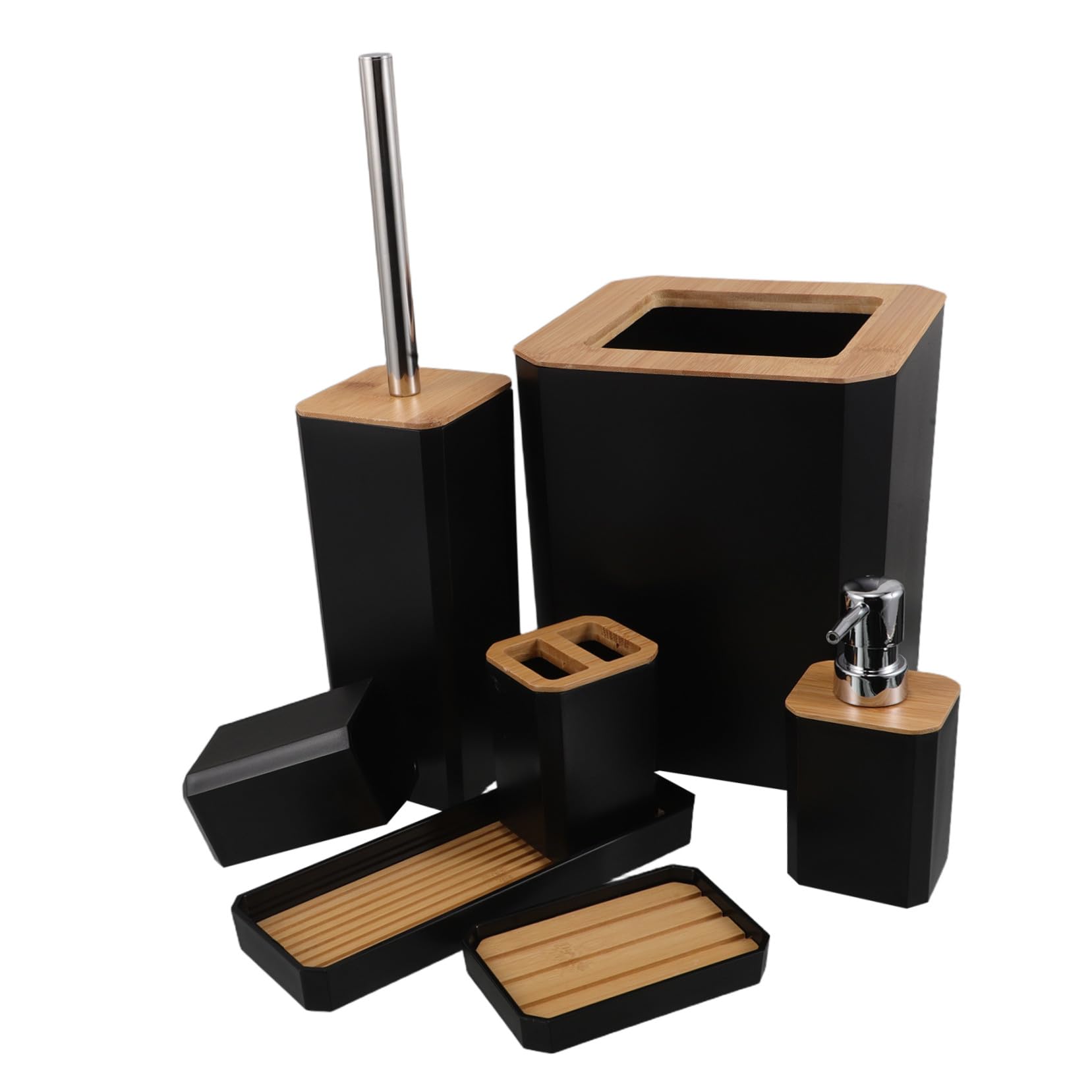 Garneck Accessori da Bagno in Bambù e Plastica Set Completo Portaspazzolino Dispenser di Sapone e Bicchiere per Lavaggio per Uso Domestico o Alberghiero