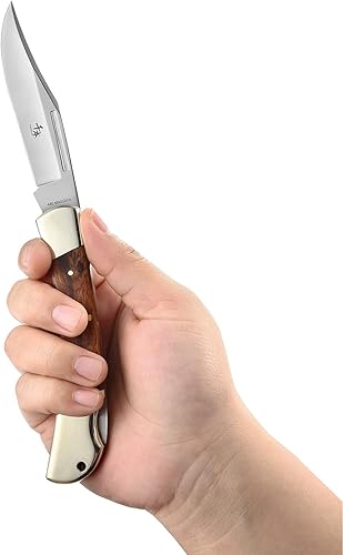 Miniatura 2 de SENBON Cuchillo plegable con bloqueo trasero de 4 pulgadas 440a afilado cuchillo para exteriores arena hierro madera mango cobre con funda de cuero