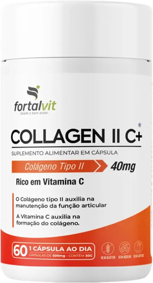 Collagen II C+ - Colágeno Tipo 2, Vitamina C, E e Vitaminas do Complexo B, Longa Duração: 2 Meses de Uso, 60 Cápsulas, Alto Teor, Fortalvit
