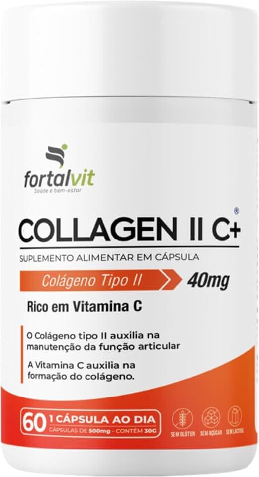 Collagen II C+ - Colágeno Tipo 2, Vitamina C, E e Vitaminas do Complexo B, Longa Duração: 2 Meses de Uso, 60 Cápsulas, Alto Teor, Fortalvit