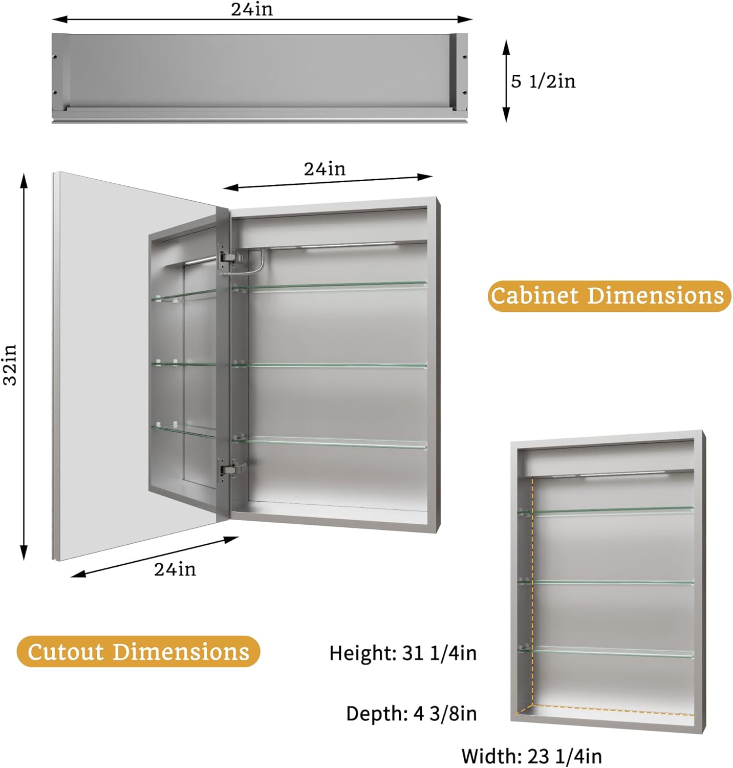 24x32 Inch Lighted Medicine Cabinet, Recessed or Surface LED Medicine Cabinet with Clock & Temperature Display, Anti-Fog, 3-Color Dimmable LED, Door Left Open