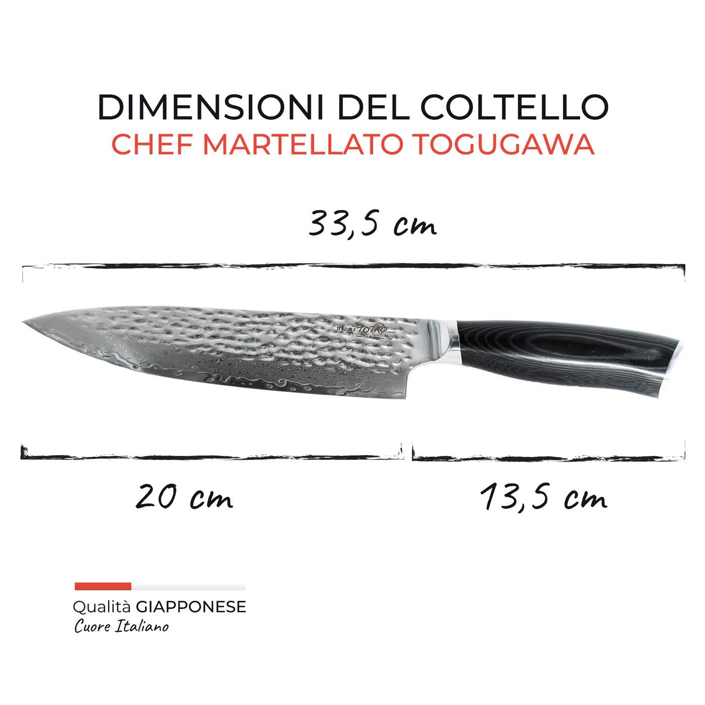 Japan Knives, profesjonalny japoński nóż kuchenny, nadaje się do mięsa, ryb i warzyw – młotkowany nóż szefa kuchni TOGUGAWA z ostrzem 20 cm – 8 cali