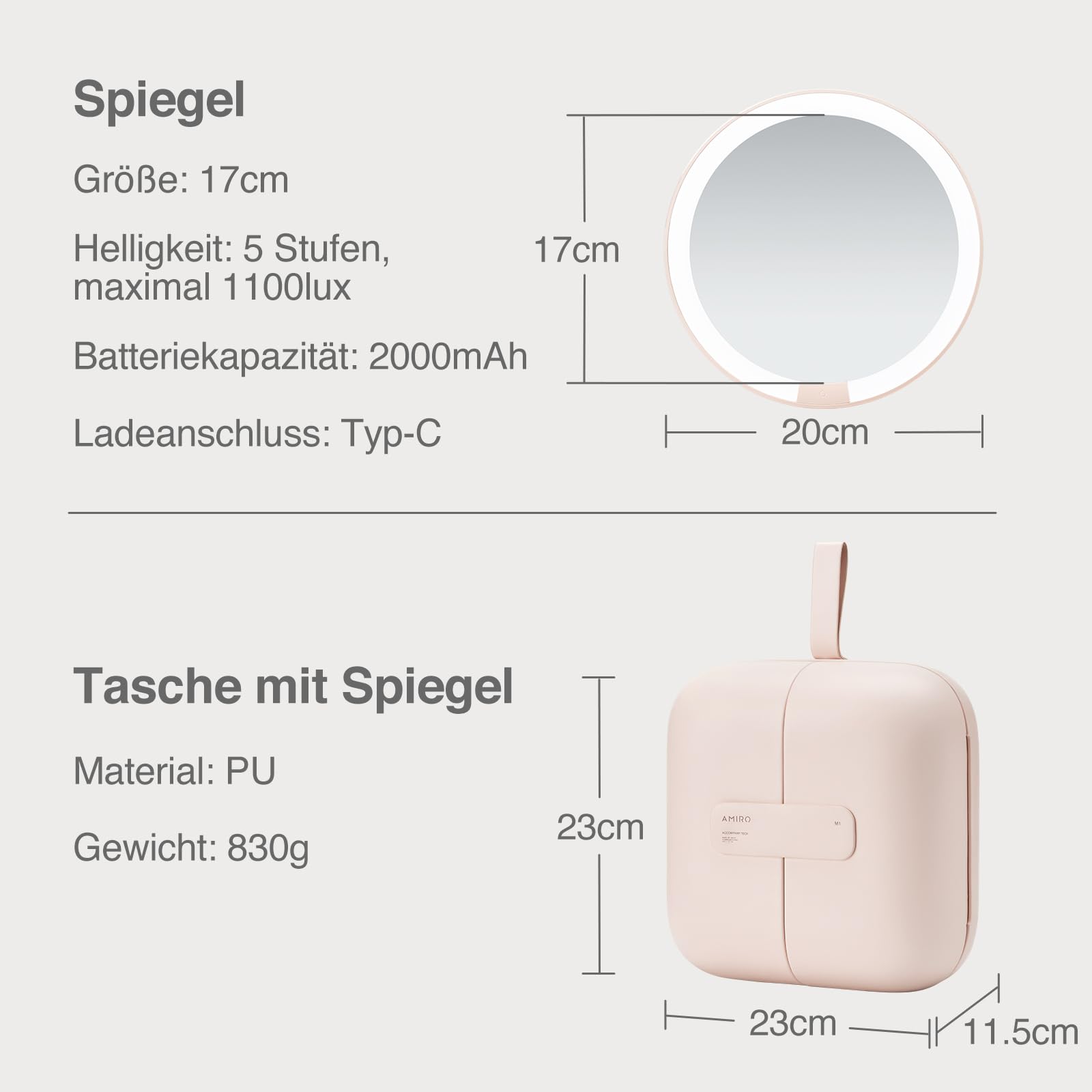 AMIRO M2 LumoCube Make-up-Spiegel mit Tasche, tragbarer LED-Make-up-Spiegel mit Lichtern, 5-stufige Helligkeit, 3-farbige Lichter, Reise-Make-up-Organizer, Rosa