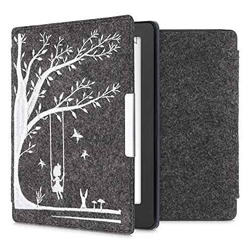 kwmobile Funda Compatible con Kobo Aura H2O Edition 2 - Carcasa Plegable de Fieltro para e-Reader - Case Niña columpiándose Blanco/Gris Oscuro
