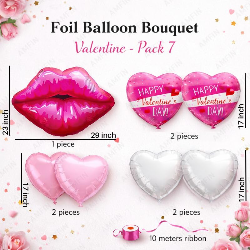 Image of AMFIN (Pack of 7) Happy Valentine's Day Foil Balloon Bouquet Lips Romantic Decoration Item - Pink White
