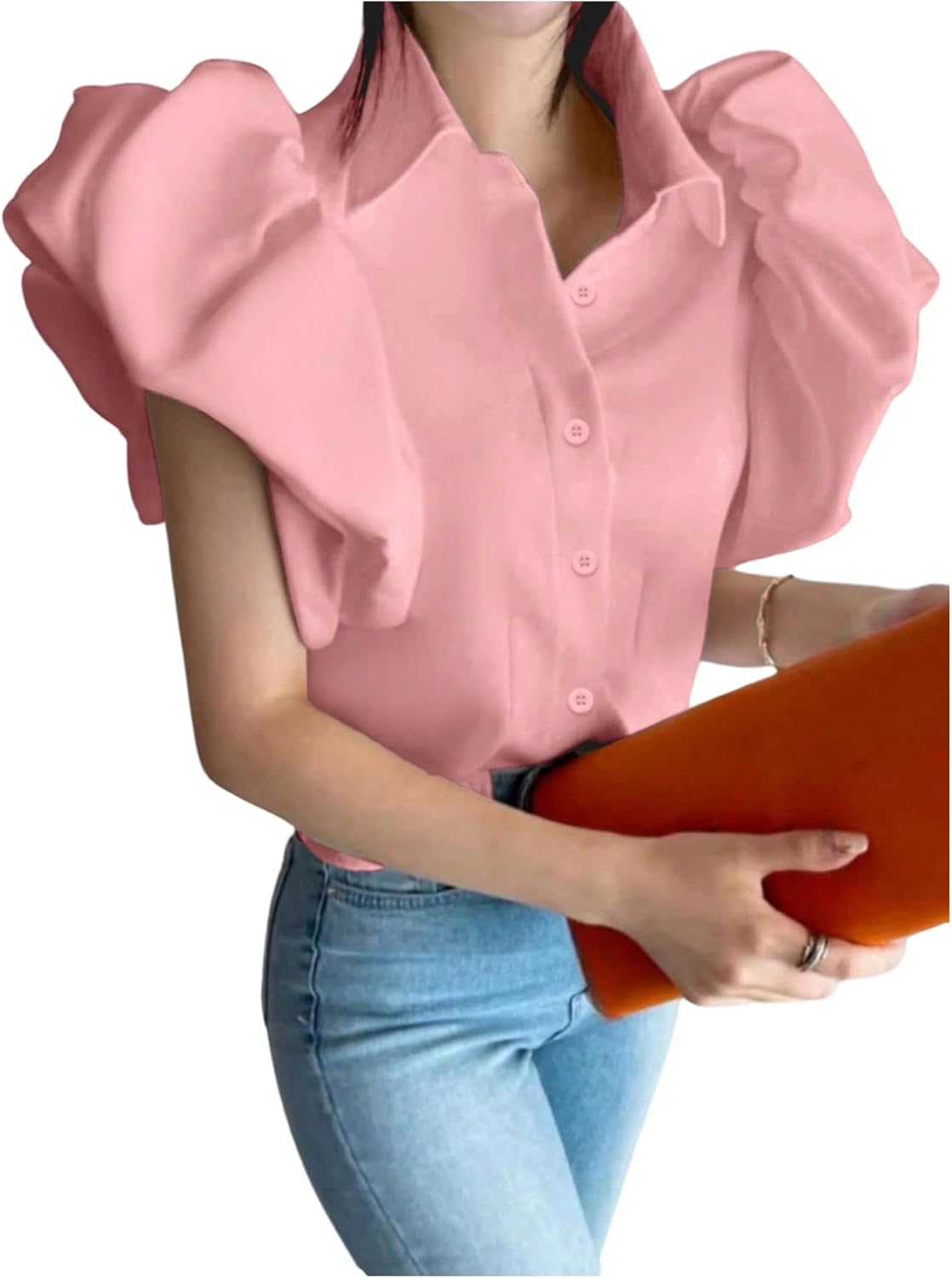 GORGLITTER Women's Bubble Tops Short Puffy Sleeve Button Down Blouses Tops Business Dressy Casual Summer Work Shirt