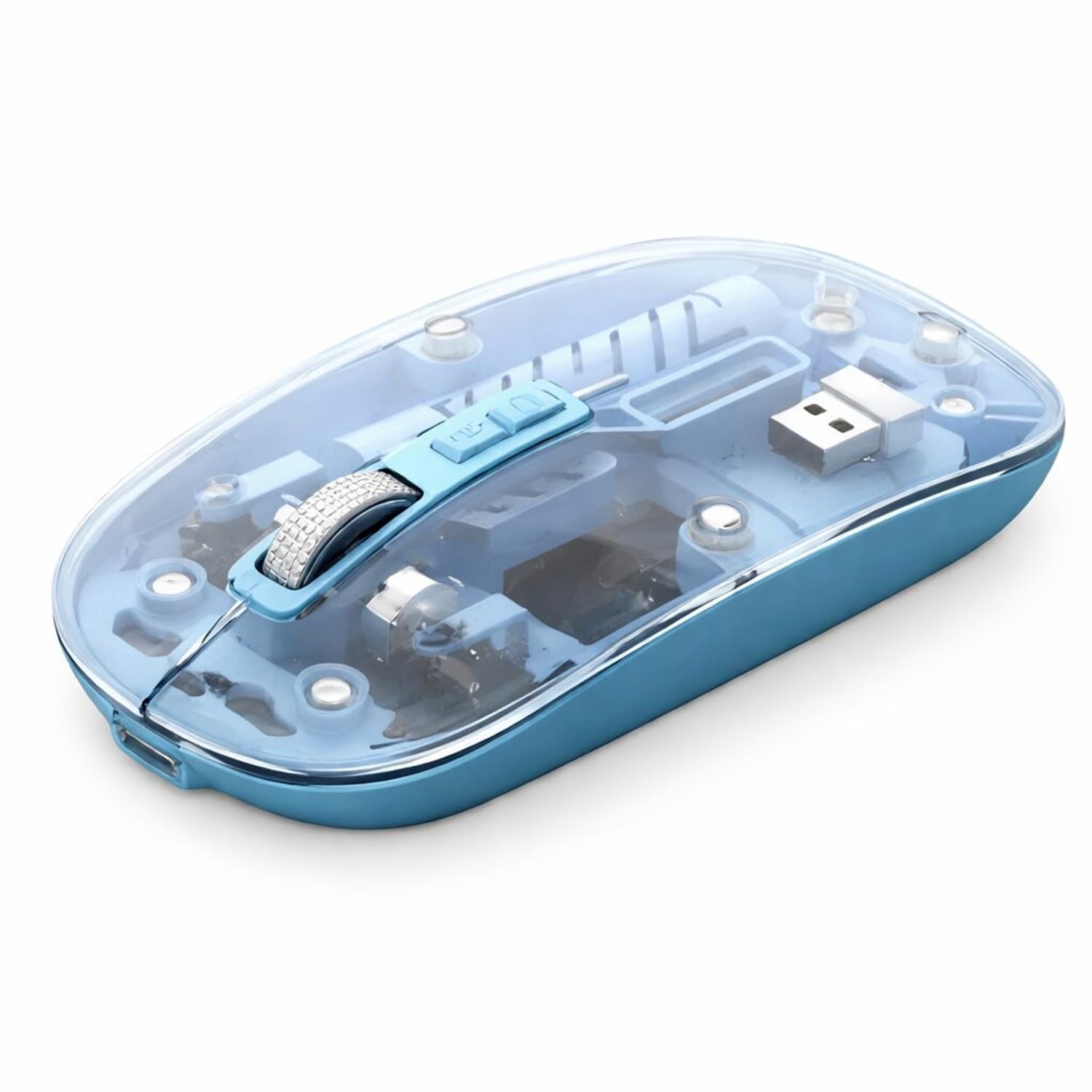 transparent wireless bluetooth mouse with dual-mode, (2.4ghz + bt), rechargeable battery, silent click, show/hide desktop, multi-device pair,magic silm for office & home use