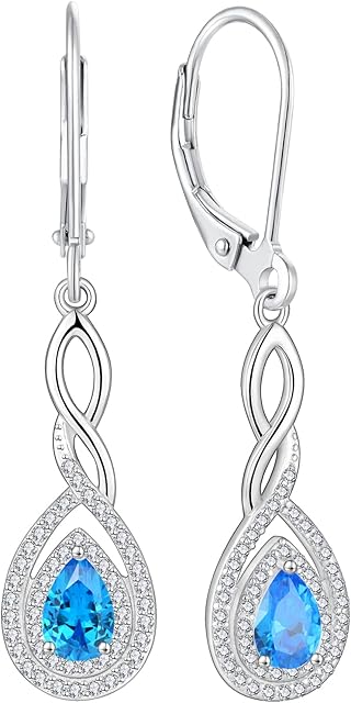 FJ Leverback Dangle Drop Earrings for Women 925 Sterling Silver Infinity Teardrop Birthstone Earrings Jewellery Gifts for Mum Wife Girlfriend Her Anniversary Birthday Mothers Day Christmas