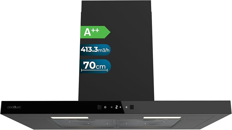 Cecotec Campana Extractora en forma de T Bolero Flux TT 704400 Black A++, 70cm, 413,3m³/h de succión, Clase A++, Control Táctil Invisible, Hand Movement Control, Función Booster, Filtros Lavables
