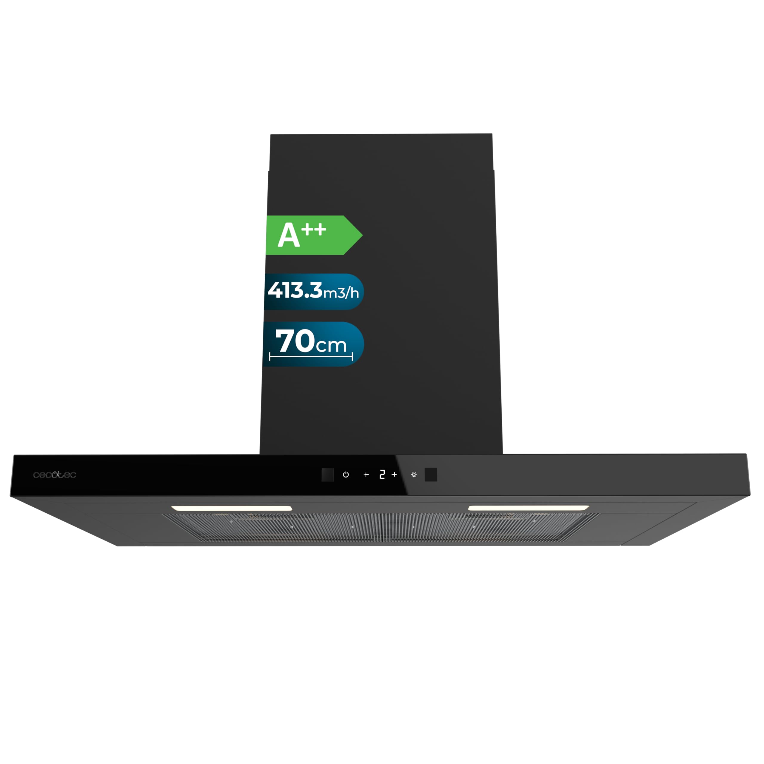 Cecotec Campana Extractora en forma de T Bolero Flux TT 704400 Black A++, 70cm, 413,3m³/h de succión, Clase A++, Control Táctil Invisible, Hand Movement Control, Función Booster, Filtros Lavables - 1