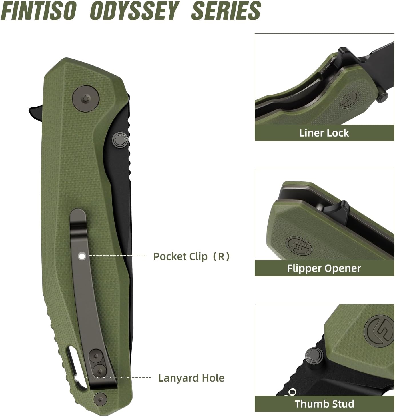 FINTISO Odyssey Pocket Knife, 3.22" Folding knife with Premium 14C28N Blade, G10 Handle, Small EDC Knife with Pocket Clip for Men Women, Sharp Outdoor Camping Survival Hiking Knives