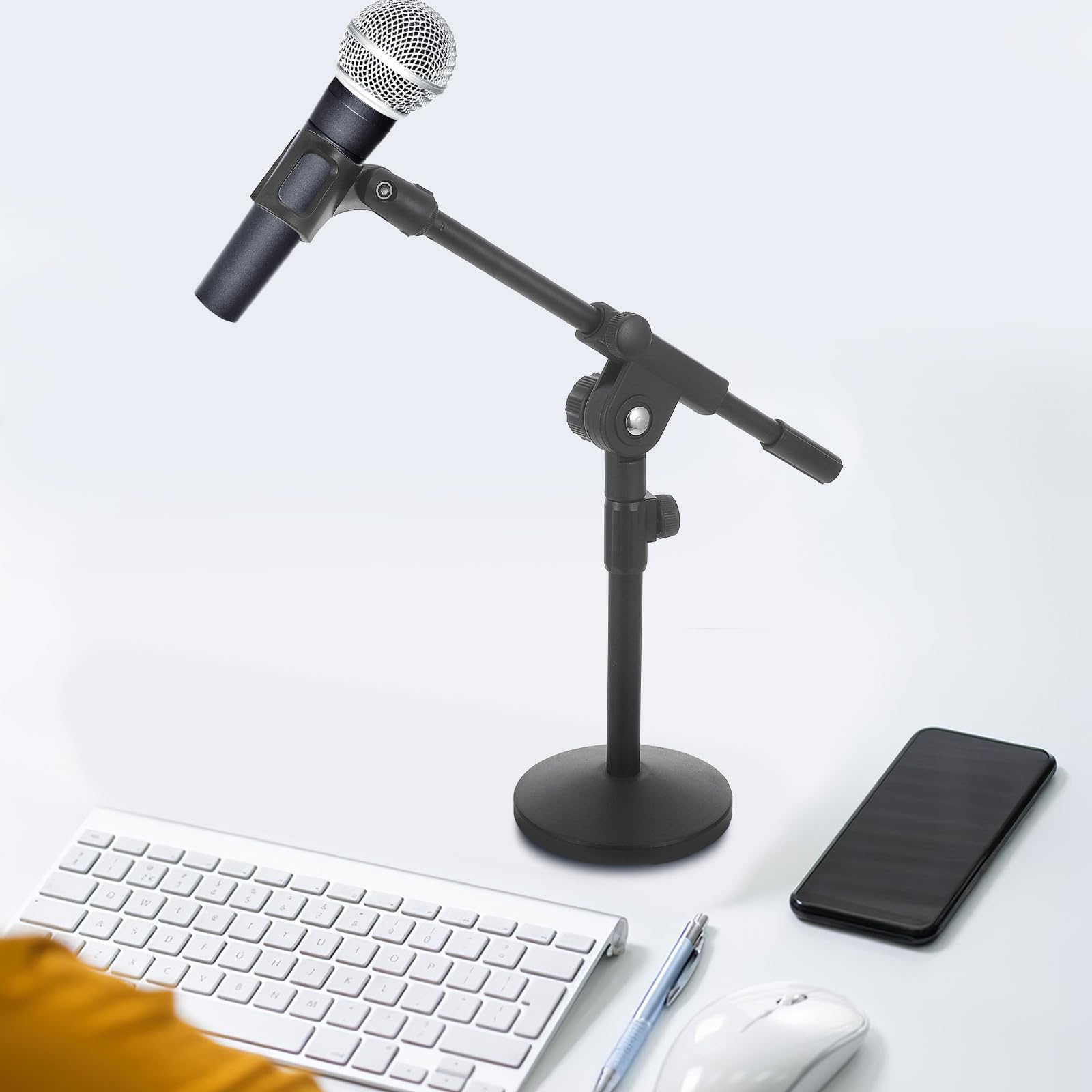 Soporte Altura Regulable de Micrófono para Mesa con Brazo Ajustable y Fácil de Usar y Base Redonda de Hierro Negro para Escritorio