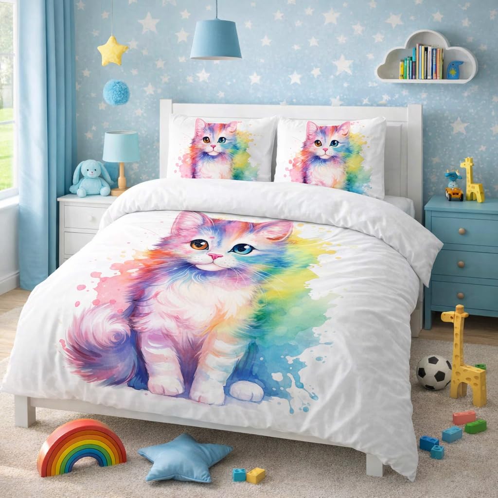 Adam Home 3D Digital Printed Cat Duvet Cover Set With Pillowcases Home Bedroom Décor Microfiber Single Bedding Set Made in UK |Watercolor-Style Kitten
