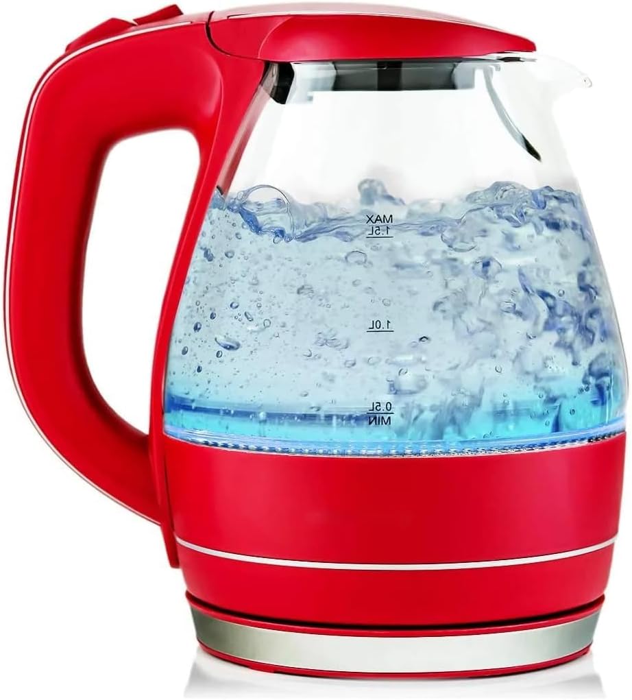 Electric Hot Water Portable Glass Kettle with Filter 1.5 Liter Stainless Steel Base Countertop Teapot & Auto Shutoff BPA-Free Fast Heating, Boil Dry Protection, Brew Coffee & Tea (Red)