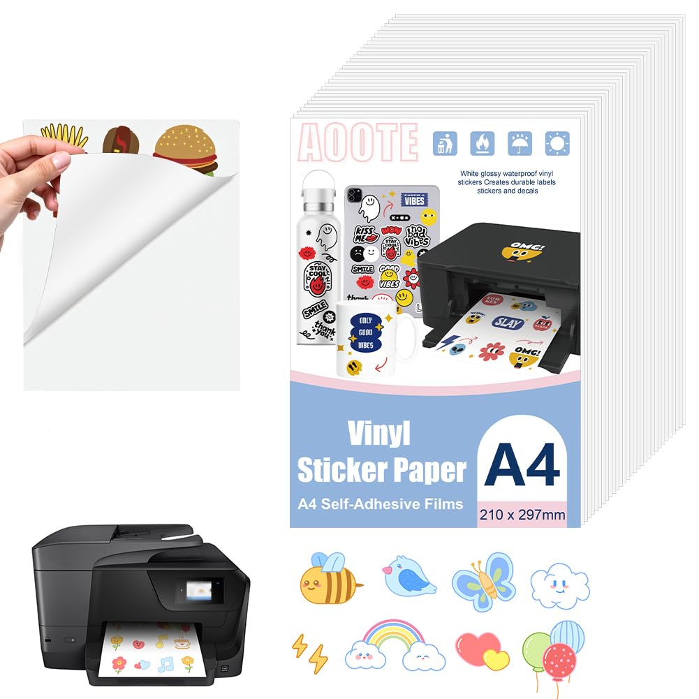 AOOTE 30 Sheets Matte Sticker Printer Paper, 297 x 210mm Self-Adhesive Vinyl Labels, A4 Waterproof Printable Vinyl Stickers Paper, Printable Film for Inkjet & Laser Printer, Matte