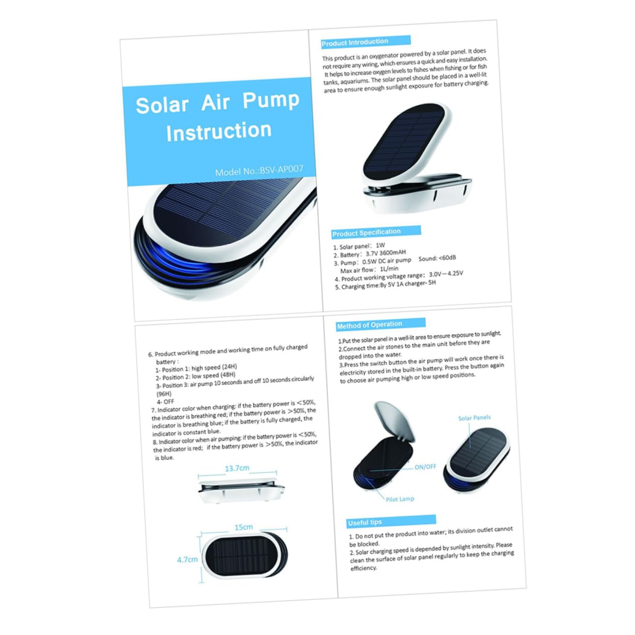 POPETPOP Bomba de Aire para Acuario Solar Portátil 3 Configuraciones de Funcionamiento Silencioso, Capacidad 3600mah, Material Plástico para Pesca al Aire Libre