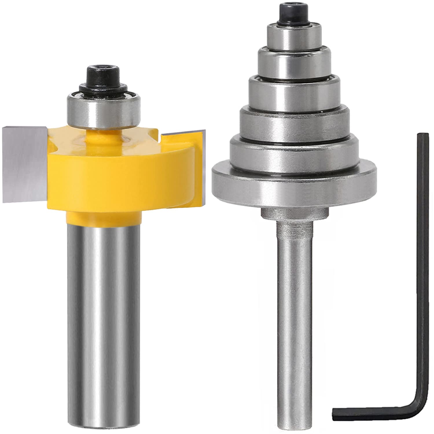 1/2 Inch Shank Rabbet Router Bit with 6 Bearings Set -1/8", 1/4", 5/16", 3/8", 7/16", 1/2" Interchangeable Bearings for Solid Wood Particle Board Plywood