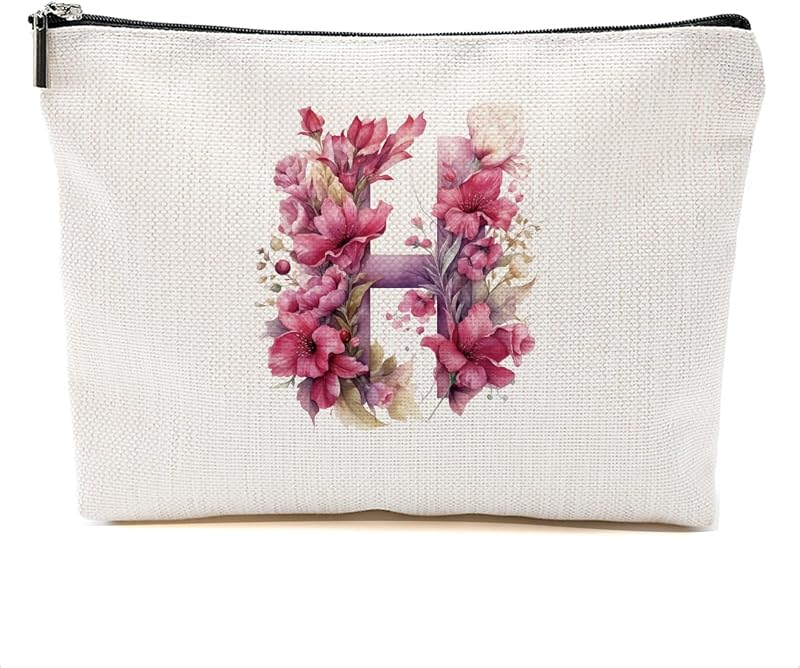 Necessaire de maquiagem DHKG com inicial H, estampa Pink Flowers, fechamento com zíper