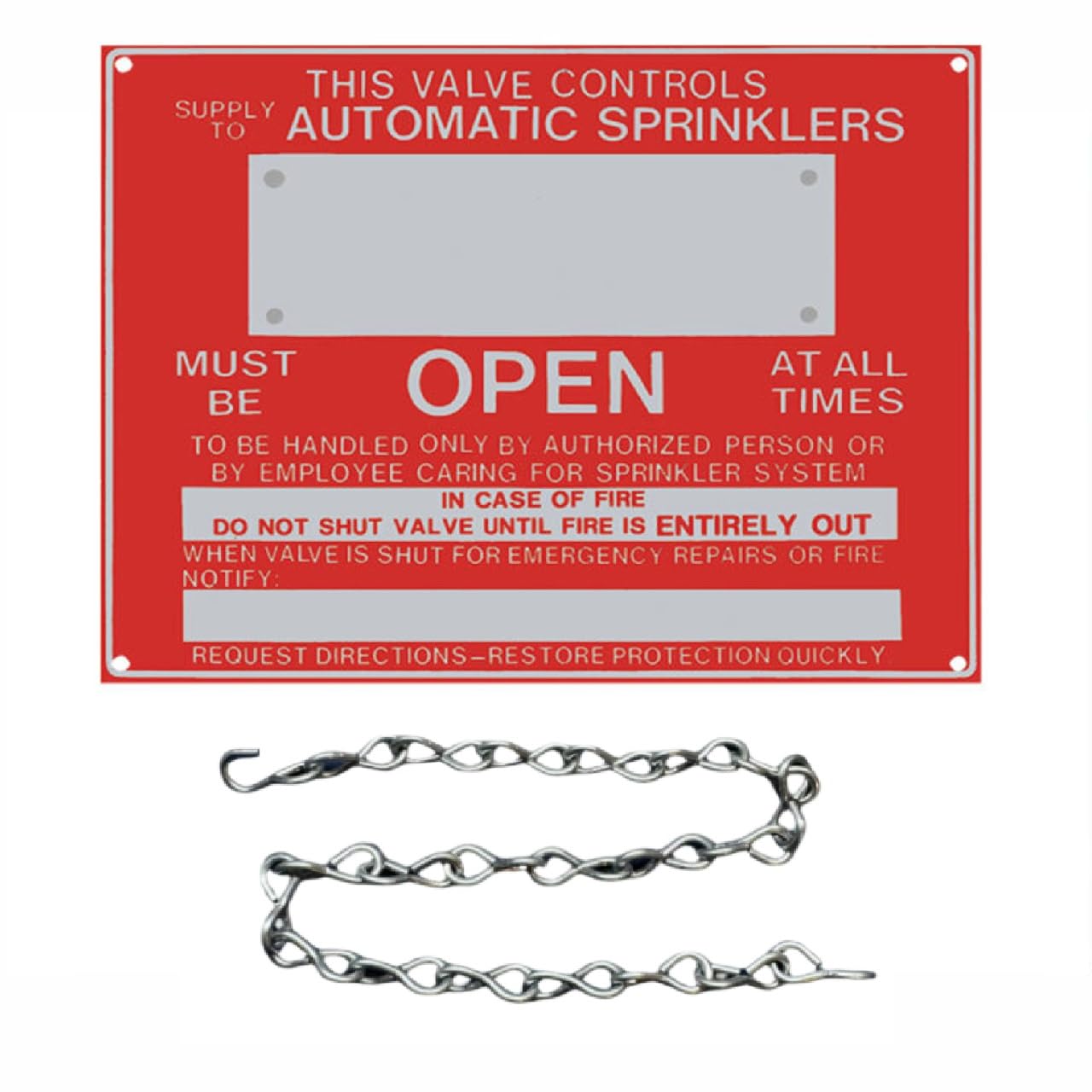 Fire Sprinkler Control Valve Sign With Address, Aluminum, 9" x 7" (Red and White, Sign with Chain)