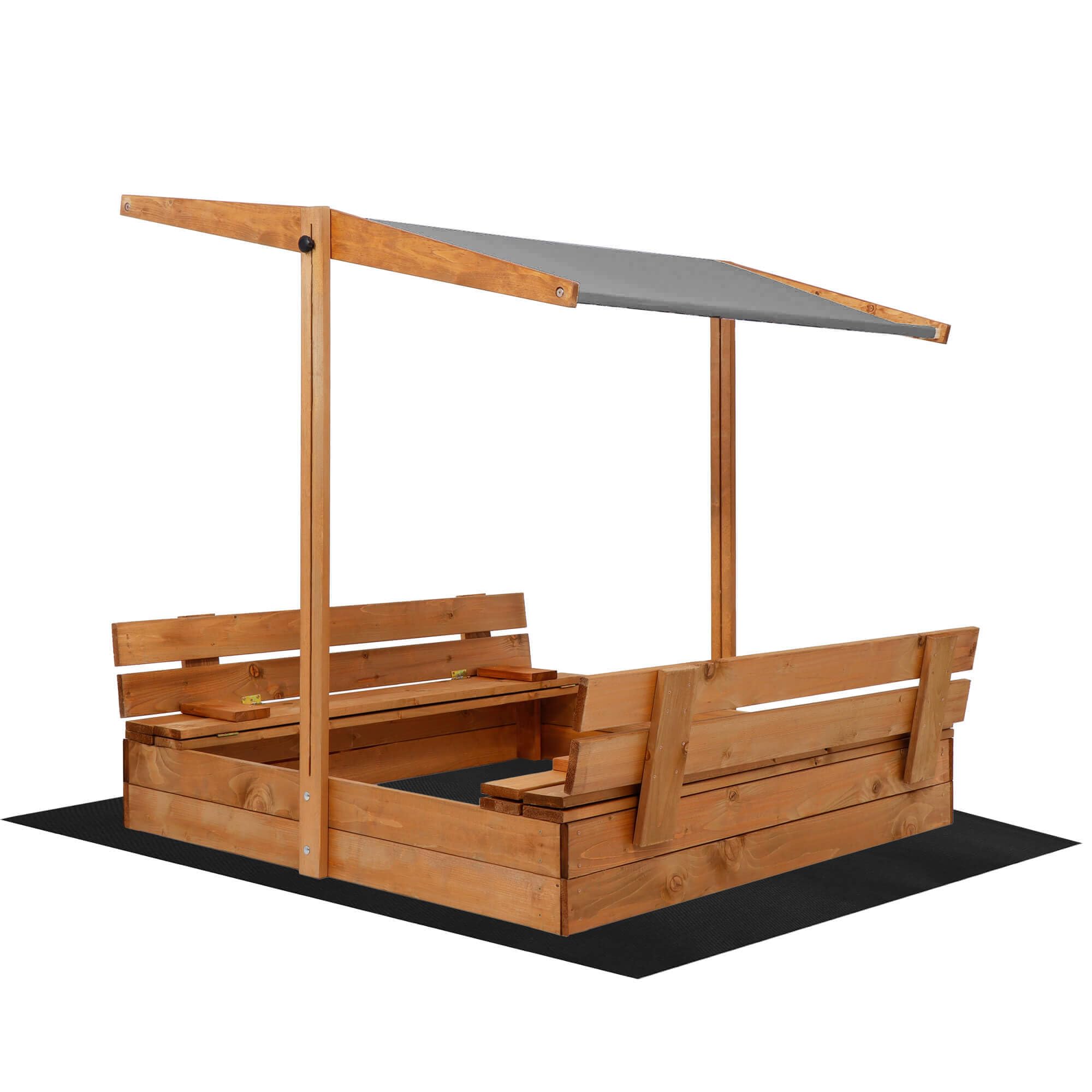 Bac à sable en bois 120 x 120 cm avec toit et couverture, bac à sable pour enfants, bac à sable de jardin en bois de conifère imprégné, toit pare-soleil réglable, pliable, marron, gris SPRINGOS