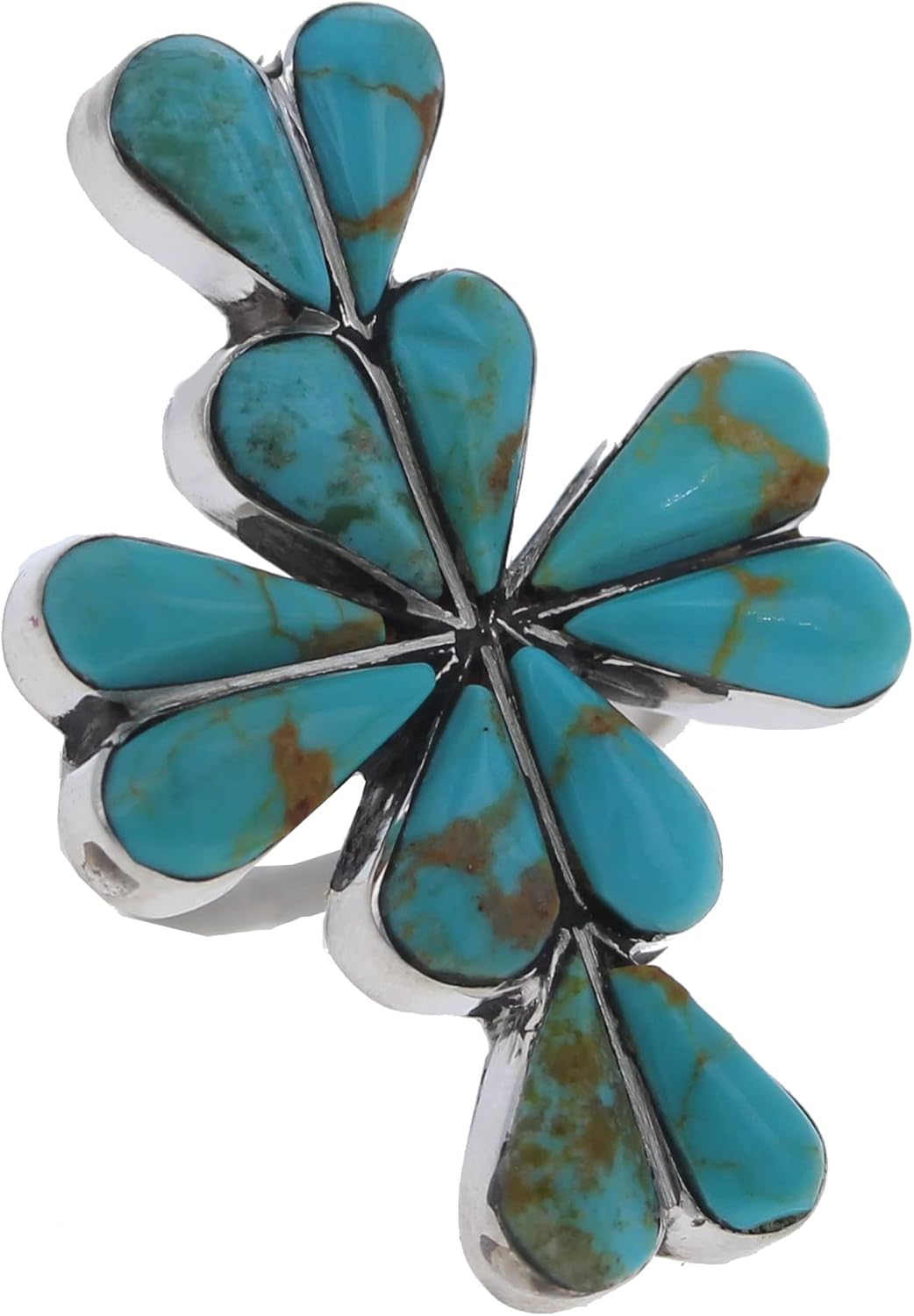 Genuine Turquoise Cross Ring with Teardrop Shaped Stones, 925 Sterling Silver Band with Genuine Turquoise Cut, Mosaic Cross Style