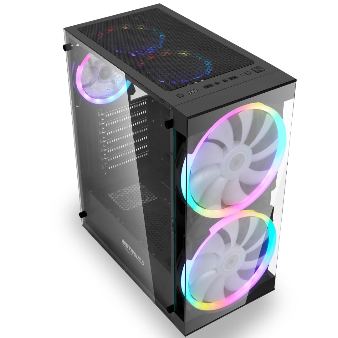 METABUILD ATX PC Case with RGB Fans (Pre-Installed Including 2 x 200mm Front Facing Fans), Mid-Tower Gaming Case with Tempered Glass Front & Side Panel, High Air Flow Gaming PC Case MB305A