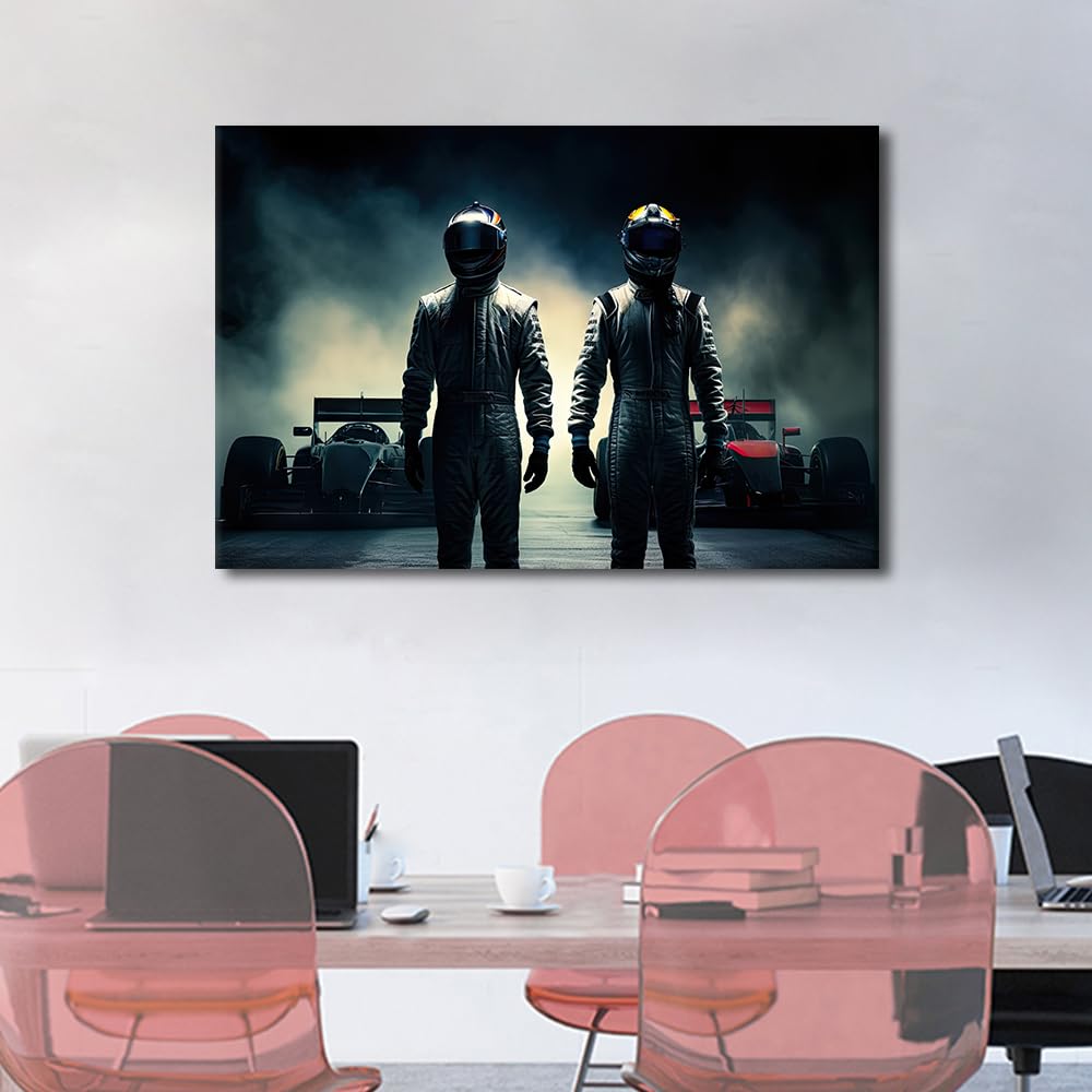 TISHIRON Framed Men, Racers in Leather Costumes and Helmet Canvas Wall Art 1 Panel Racing Car Champions - Image 3