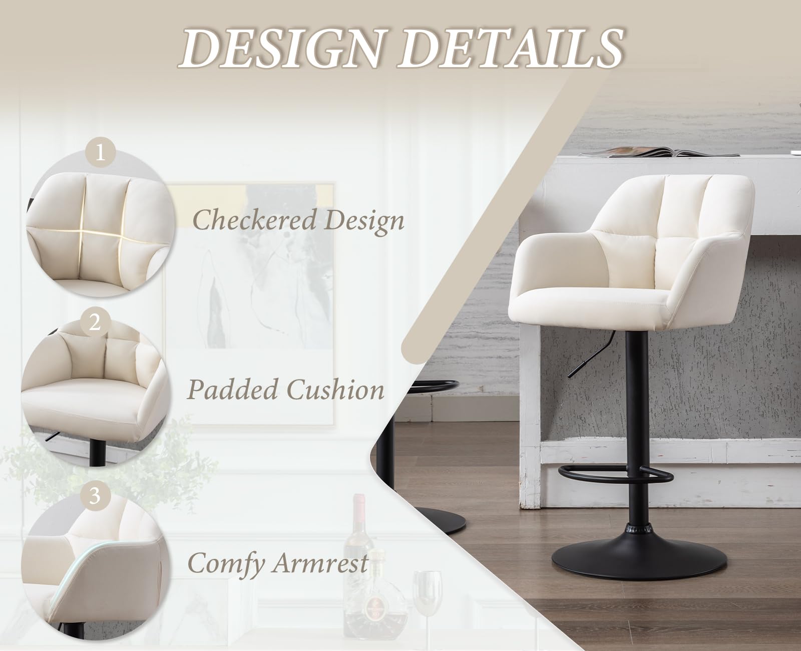 chairus 2PCS Taburetes de Bar de Terciopelo con Altura Ajustable, Beige | Moderno, Sillas Altas Giratorias, Con Reposabrazos, Para Isla de Cocina