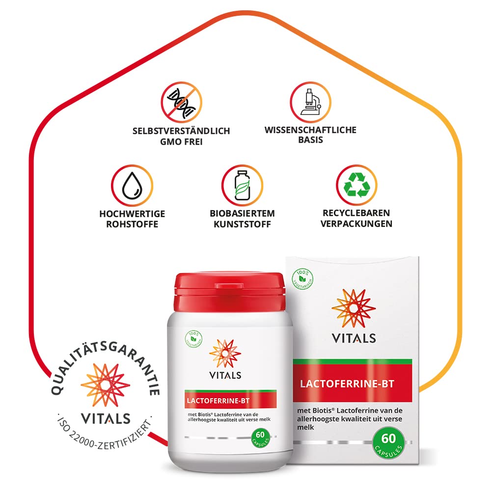 Vitals - Lactoferrin BT 60 Kapseln mit Biotis® von höchster Qualität aus Frischmilch. 200 mg pro Kapsel(magensaftresistenten)