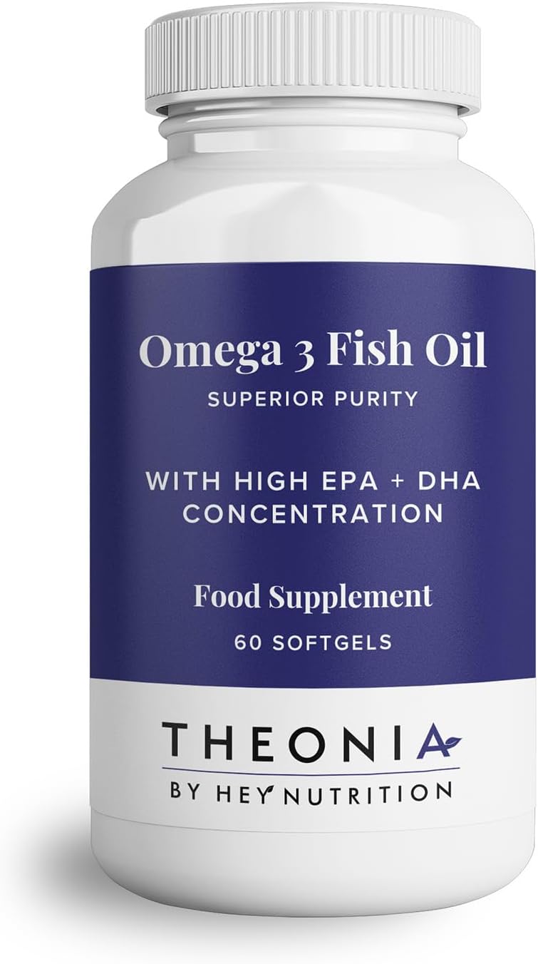 Theonia Pure Omega-3 Fish Oil 2000mg with Vitamin E - High EPA + DHA Concentration - Maintains Heart, Joint, Brain & Immunity Support - UK Manufactured - Non-GMO - 60 Softgels