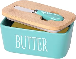 ISEAU Ceramic Butter Dish with Wooden Lid, Large Butter Container Keeper Storage with Stainless Steel Butter Knife Spreade... Price In India