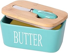 ISEAU Ceramic Butter Dish with Wooden Lid, Large Butter Container Keeper Storage with Stainless Steel Butter Knife Spreader, Bamboo Cover and Silicone Sealing Ring for Butter (Green)
