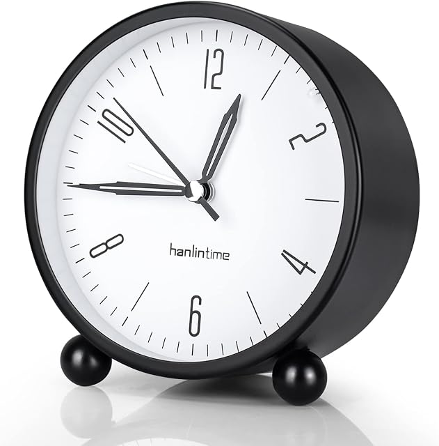  Alarm Clock Bedside - Silent Non Ticking Alarm Clock Analogue Battery Operated Desk Clock with Night Light, Minimalistic Round Metal Alarm Clock for Bedrooms Office, 4 inches, Black
