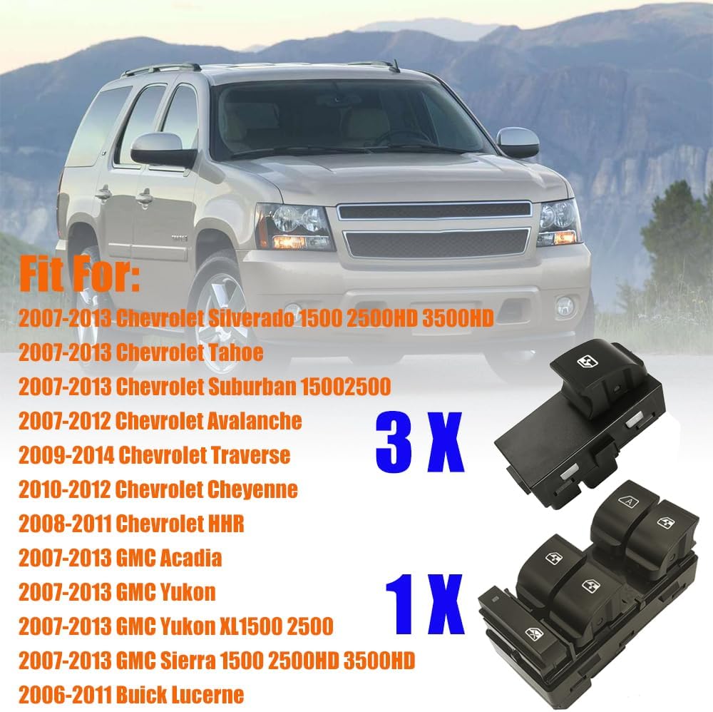 20945129 Front Left Driver Side Master Window Switch & 3Pcs Passenger Window Switch Compatible with 2007-2013 Chevy Silverado 1500/2500 HD/3500 HD/GMC Sierra/Yukon/Buick,for 08-11 Chevy HHR Blue Light