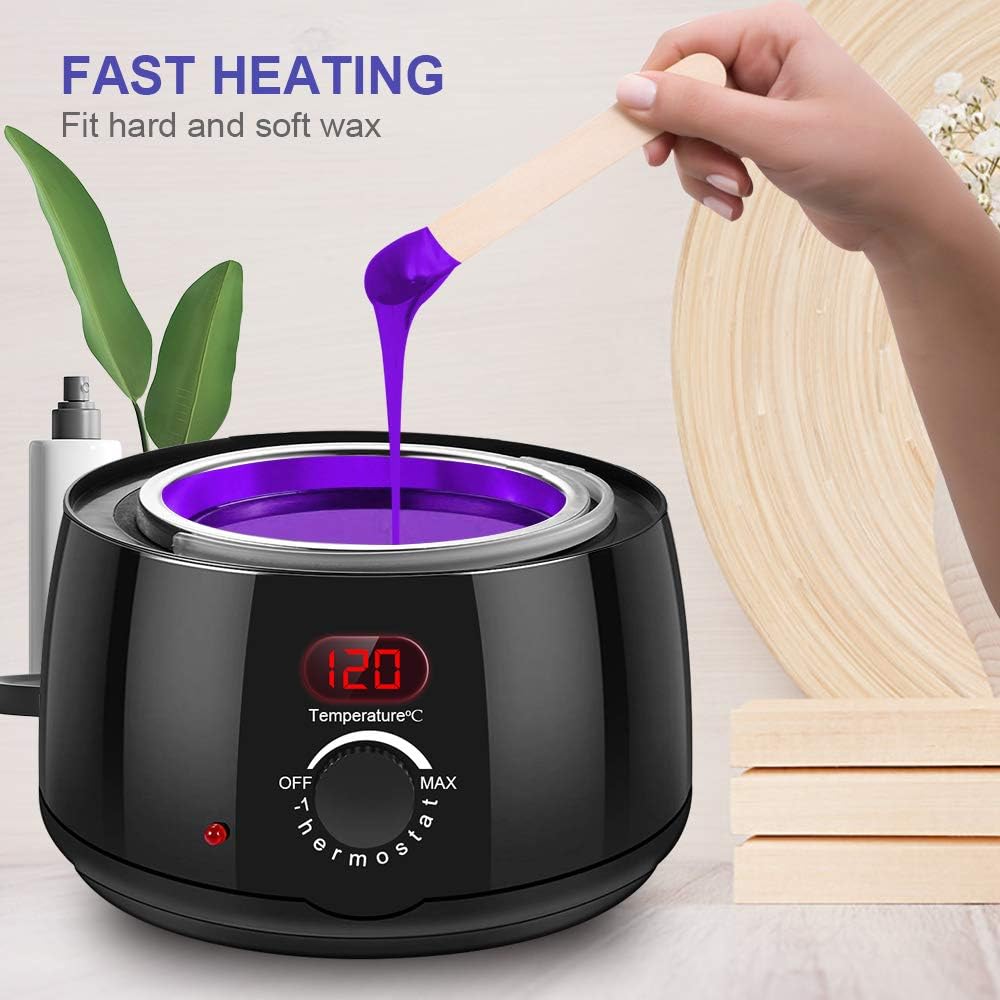 Kit de depilación para mujeres y hombres: calentador de cera con pantalla digital, visualización precisa de la temperatura, paquete de 4 cuentas de cera dura, 3 varillas aplicadoras