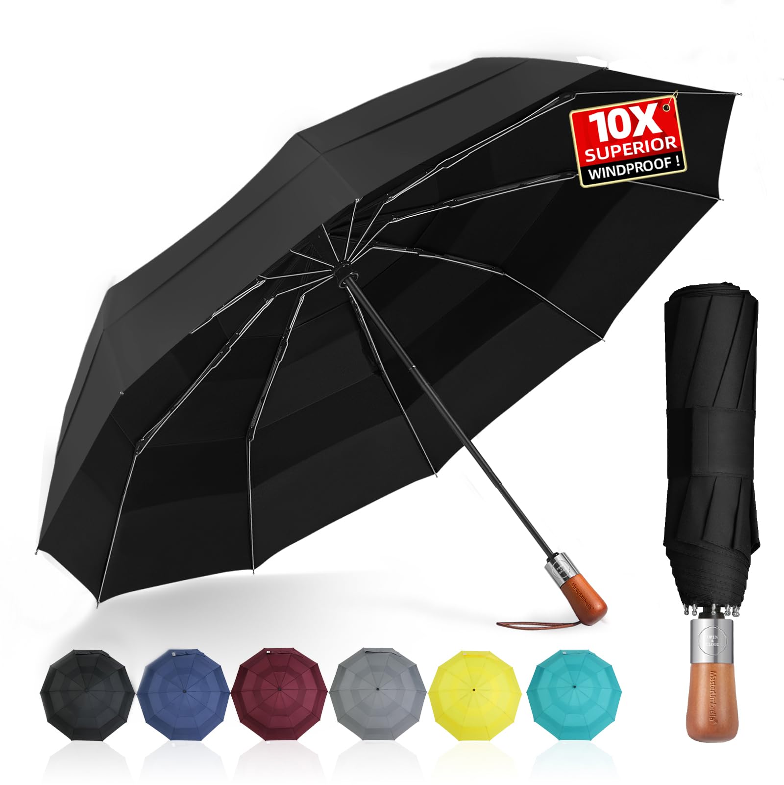 Golf Umbrella Windproof - Triple Canopy Umbrellas for Rain & Wind, Automatic Open/Close, Compact & Portable - 10 Reinforced Fiberglass Ribs