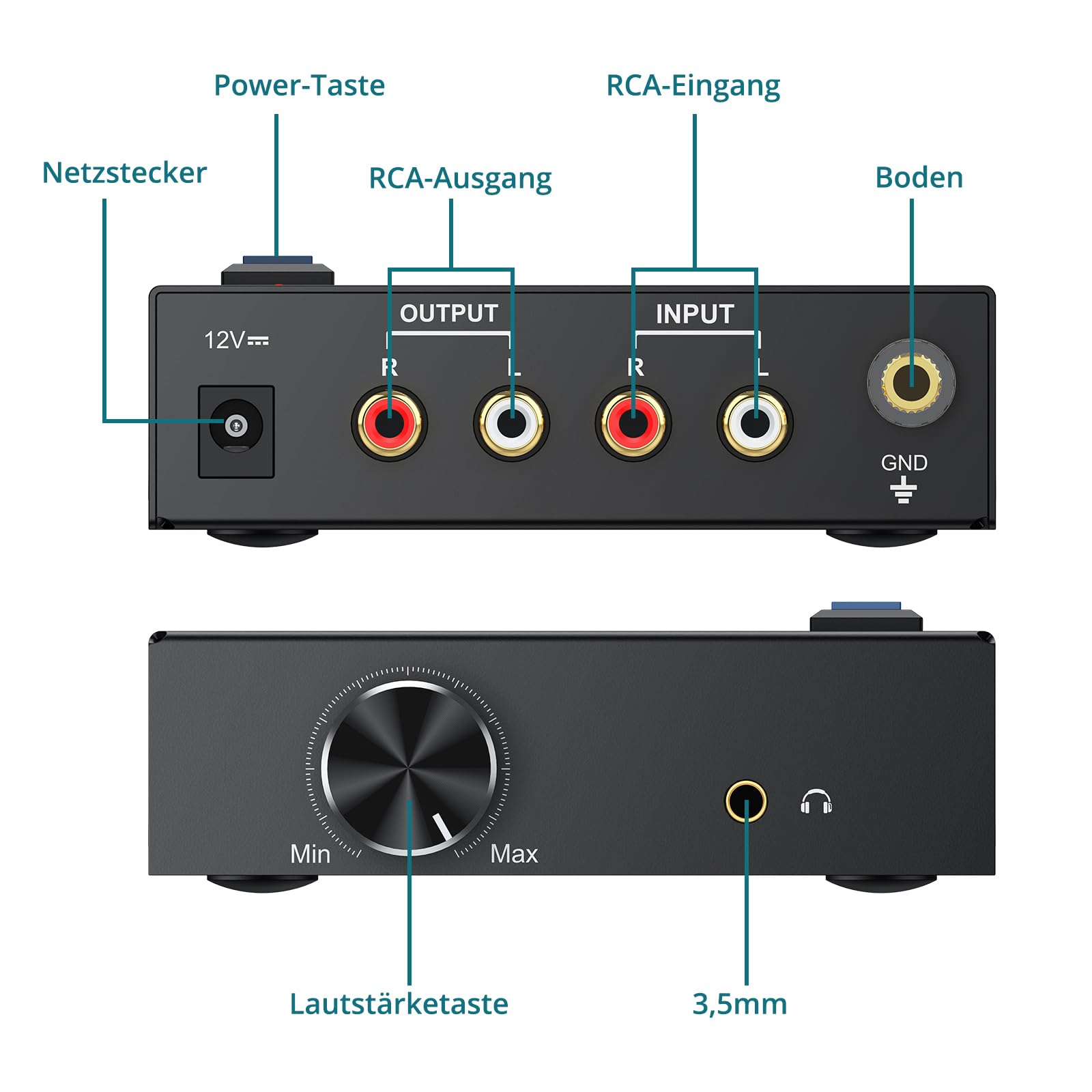 Phono Vorverstärker M/M mit Lautstärkeregler und Netzschalter, Vorverstärker für Plattenspieler RCA Input & Output, Phono Preamp Plattenspieler-Vorverstärker mit Pegel mit DC 12V Netzteil