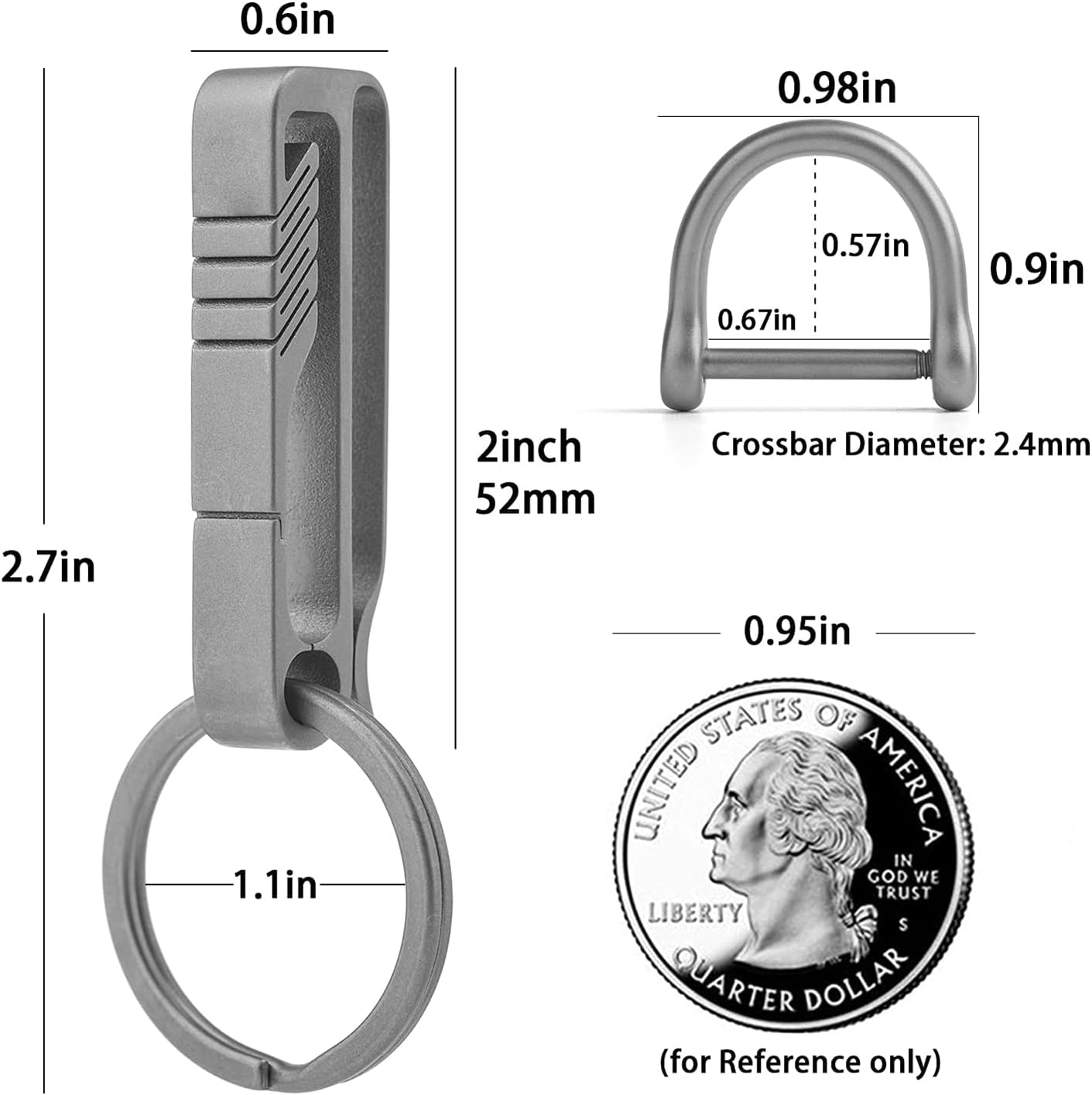 TISUR Belt Loop Keychain Clip, Titanium Carabiner Keychain Key Holder with Detachable Key Ring for Duty Belt, Car Key Chain Gifts for Men Women, BK1S+D Ring