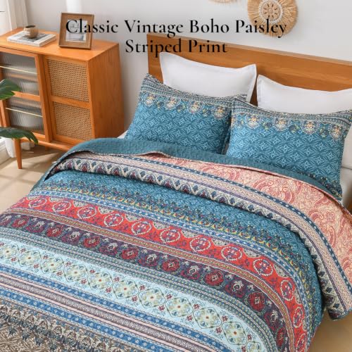 Image of Andency Brown Green Quilts Queen Size, 3 Pcs Boho Striped Bedspread | Soft Lightweight Brown Green Printed Bohemian Polyester Reversible Coverlet Comforter Sets for All Season (90 inchx96 inch)