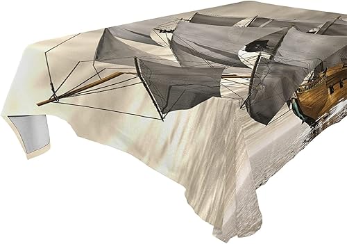 Mantel rectangular de barco pirata flotante en el océano por Sunset a prueba de arrugas mantel a prueba de manchas para decoración de interiores