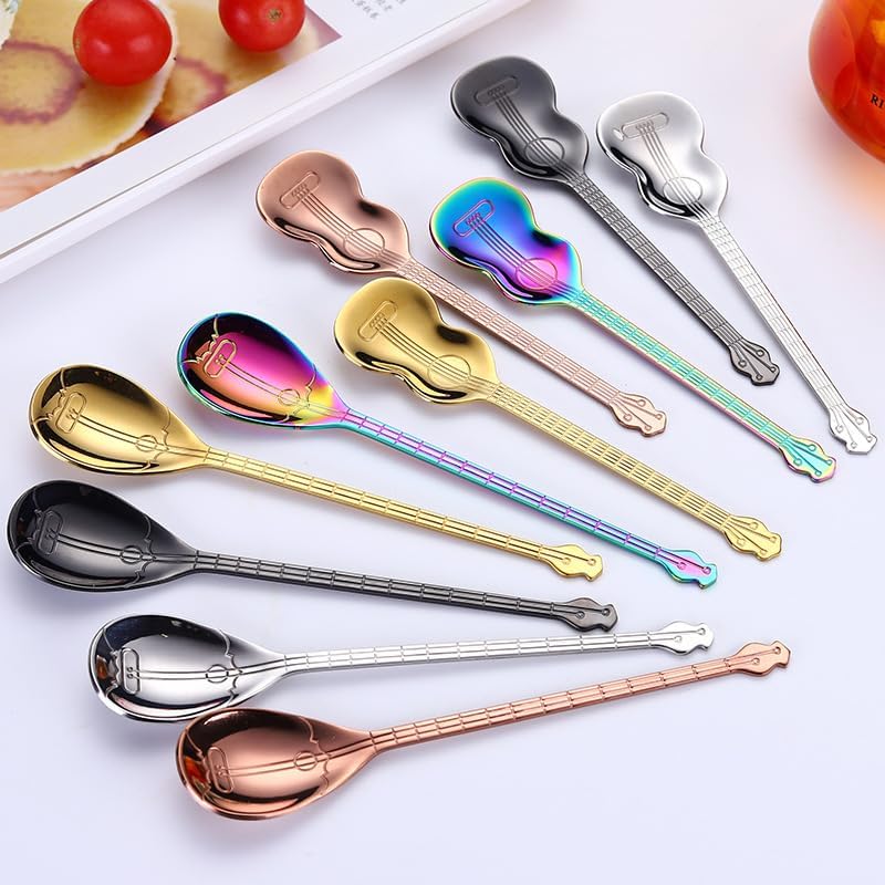 Silverware Flatware Set, 1/4/6/8 Pieces Creative 304 Stainless Steel Coffee Spoons Stirring Musical Instrument Pipa Guitar Spoon Music Bar Spoon Gift Spoon(Black,6 Pieces)