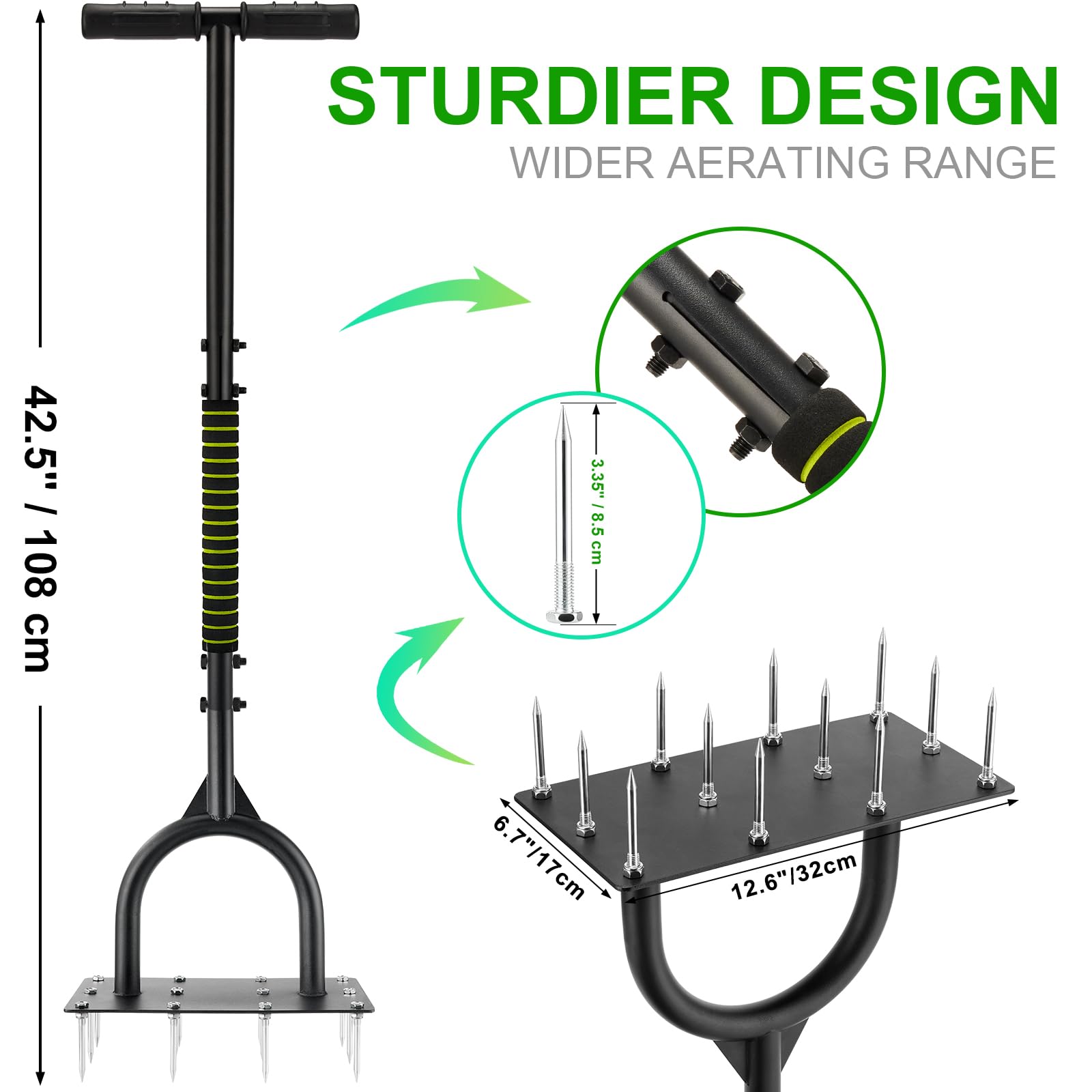 Lawn Aerator Spikes Aerating Tool 42.5inch- Manual Lawn Aerators with Longer Spikes, Wider Foot Plate - Grass Aerator Lawn Tool - Garden Tool for Lawn Aeration, Reviving Lawn Health
