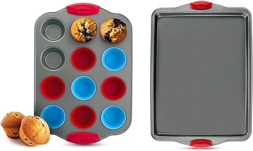 Boxiki Kitchen Combo Mini molde para magdalenas de 12 tazas con forros de silicona y bandeja antiadherente para hornear y galletas de 11 x 14